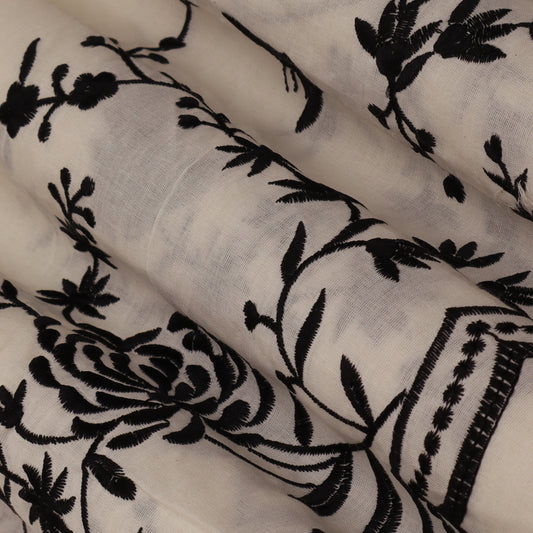 Off White  Color Kora Border Embroidery Fabric