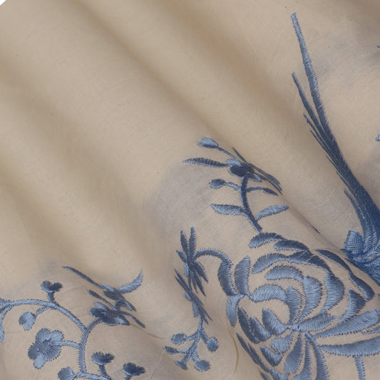 Off White  Color Kora Border Embroidery Fabric