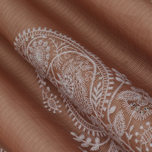 Peach Color Kota Border Embroidery Fabric