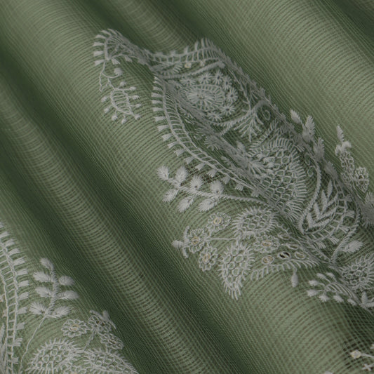 Green Color Kota Border Embroidery Fabric