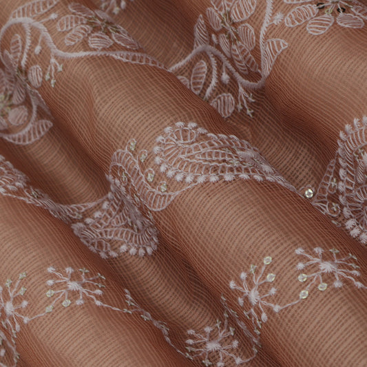 Peach Color Kota Check Embroidery Fabric