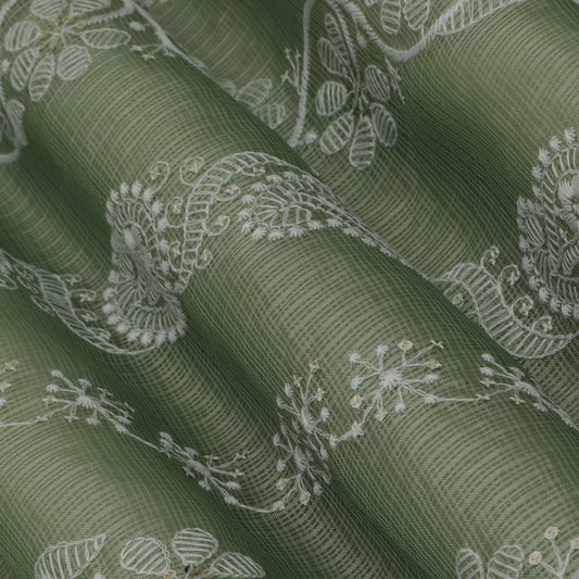 Green Color Kota Check Embroidery Fabric