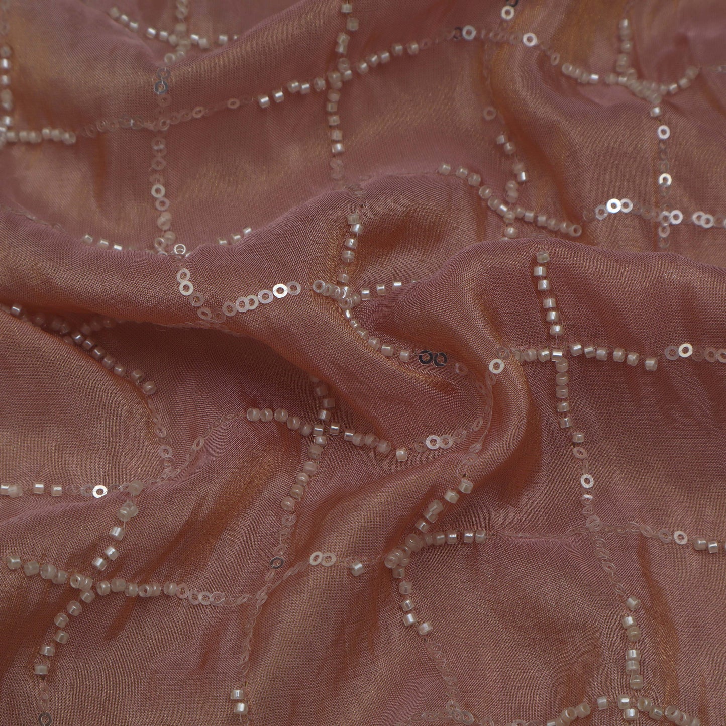 Pink Color Tissue Sequins Embroidery Fabric