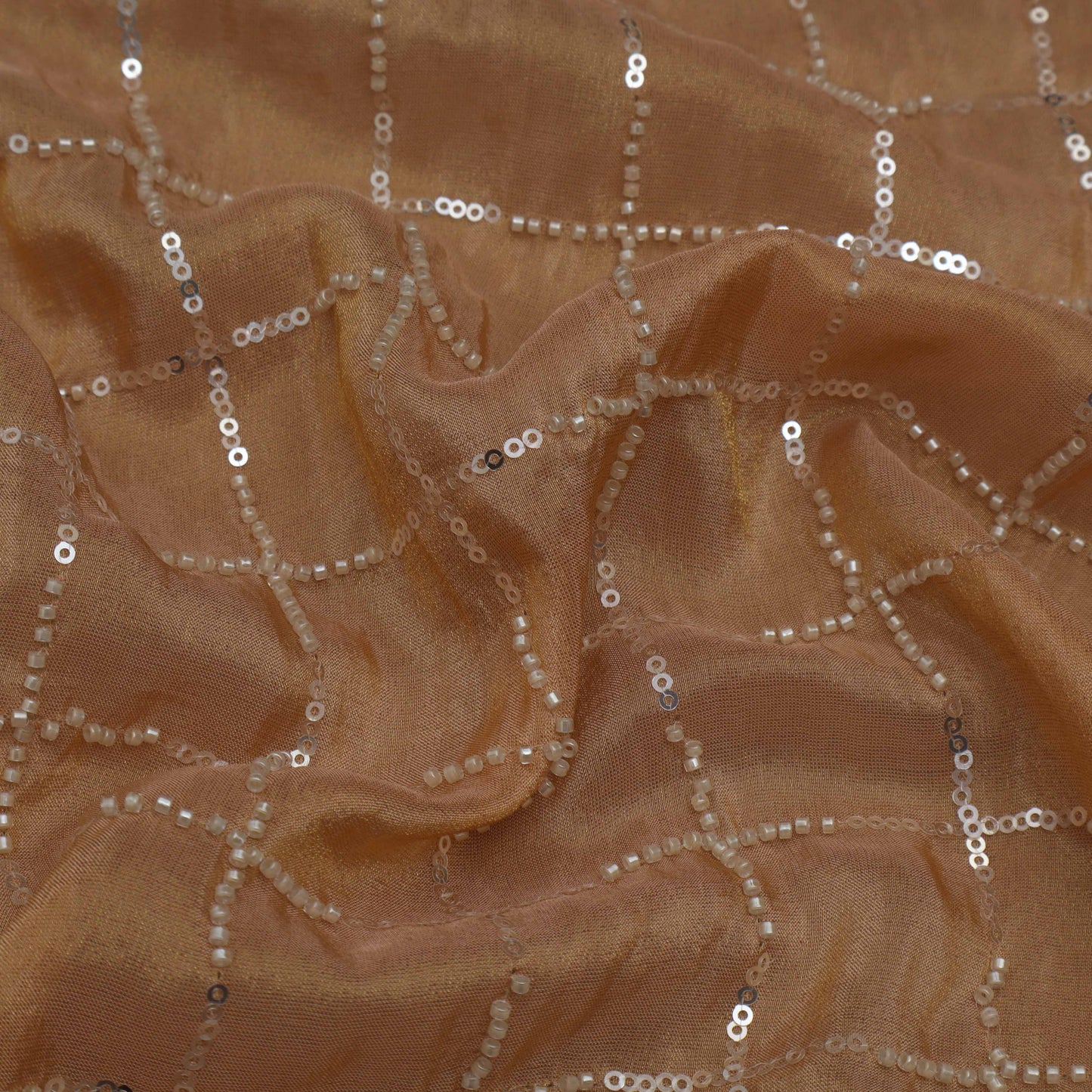 Peach Color Tissue Sequins Embroidery Fabric