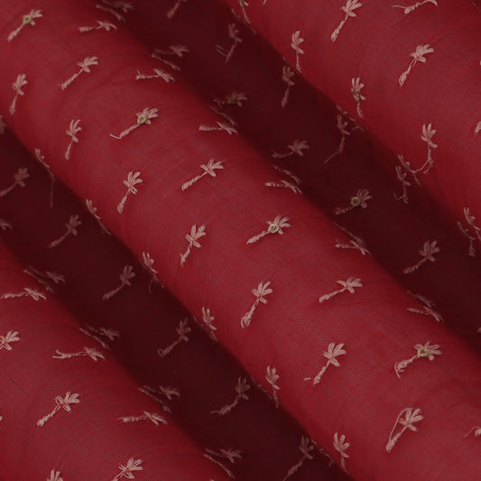 Red Color Chanderi Embroidery Fabric