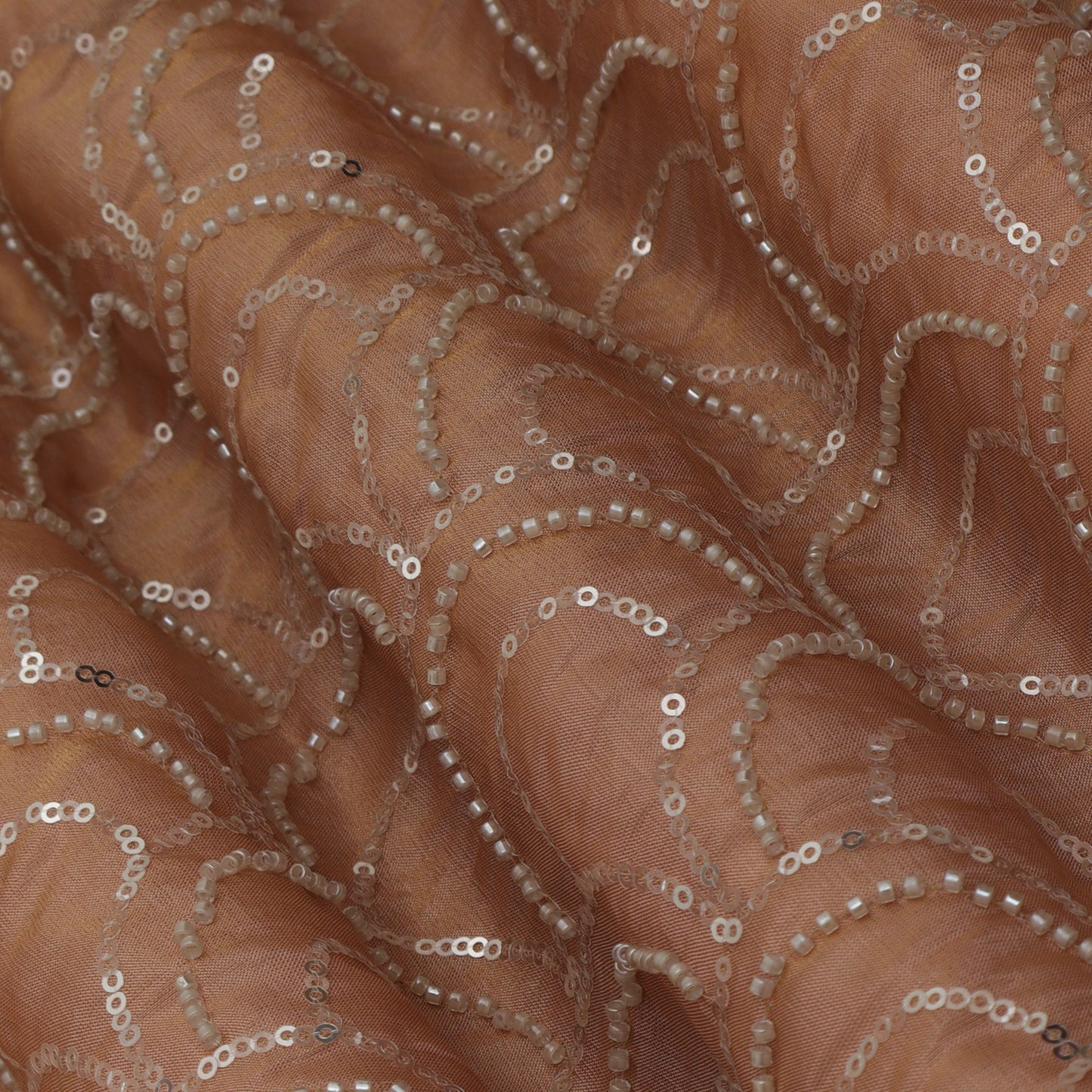 Peach Color Tissue Sequins Embroidery Fabric