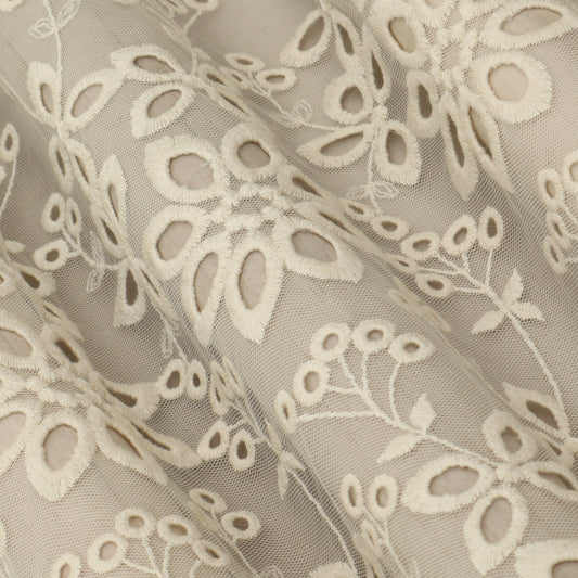 Off White Color Net Embroidery Fabric