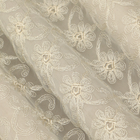 Off White Color Net Embroidery Fabric