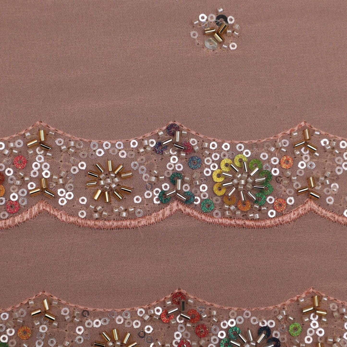 Peach Color Border Sequins Embroidery Fabric