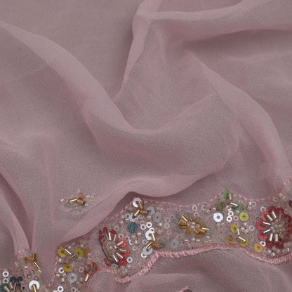 Pink Color Georgette Border Sequence Embroidery Fabric