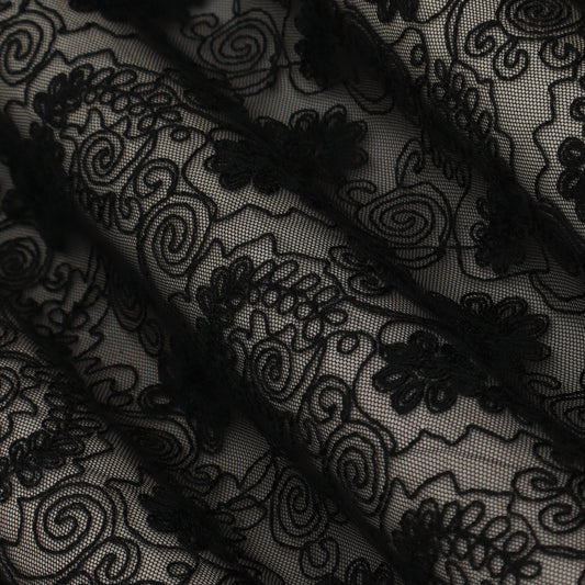 Black Color Net Embroidery Fabric