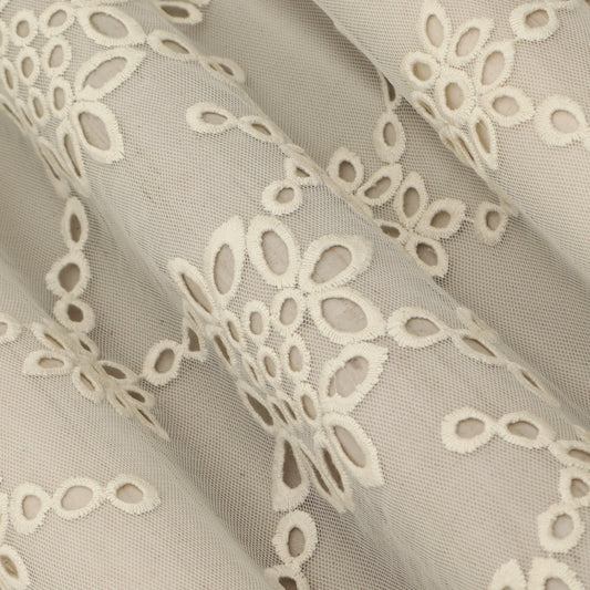 Off White Color Net Embroidery Fabric