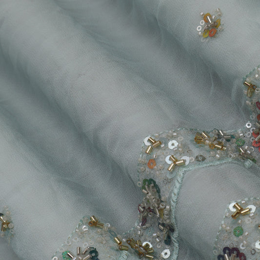 Mint Green Color Georgette Border Sequence Embroidery Fabric