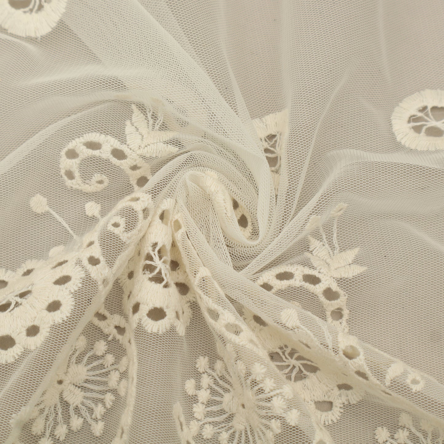 Off White Color Net Embroidery Fabric