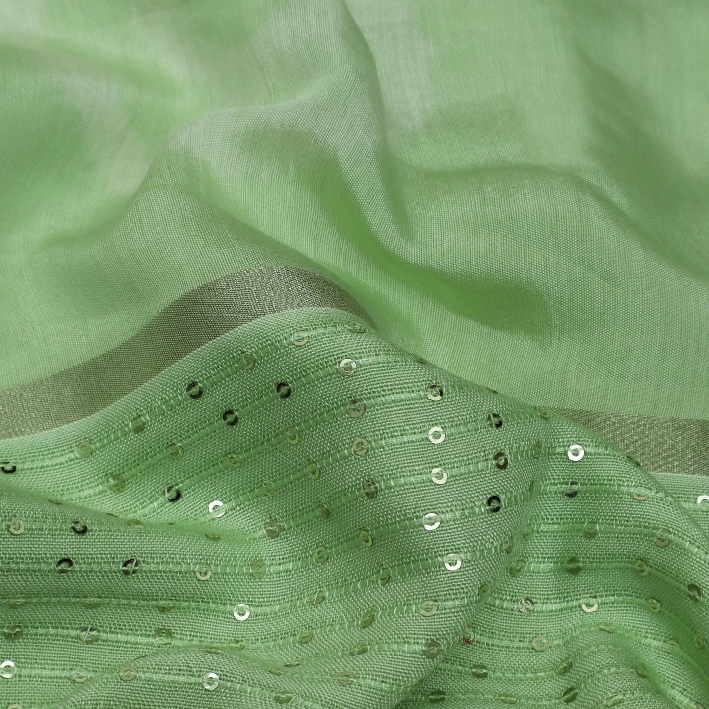 Pista Green Color Malai Chanderi Embroidery Fabric