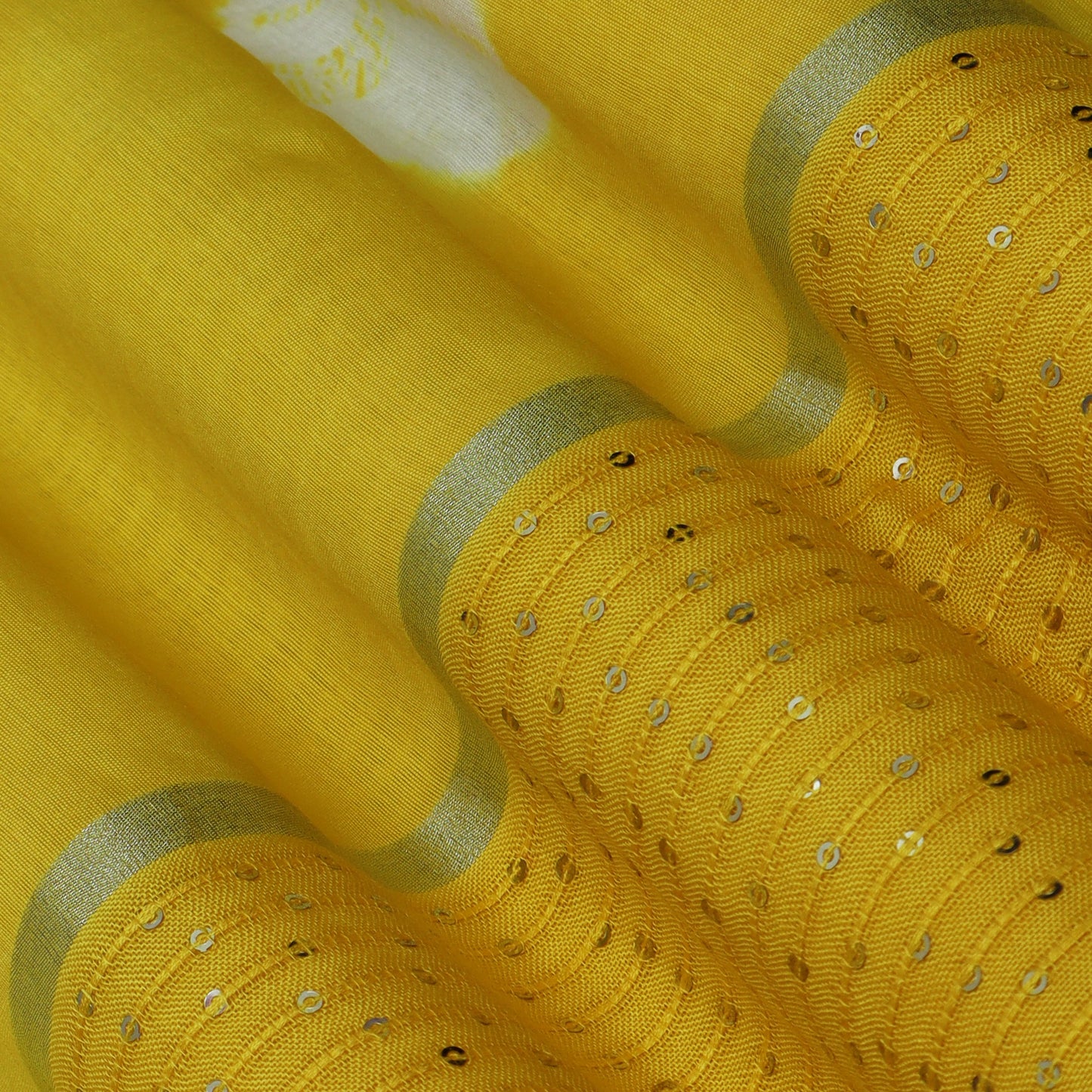 Yellow Color Malai Chanderi Embroidery Fabric