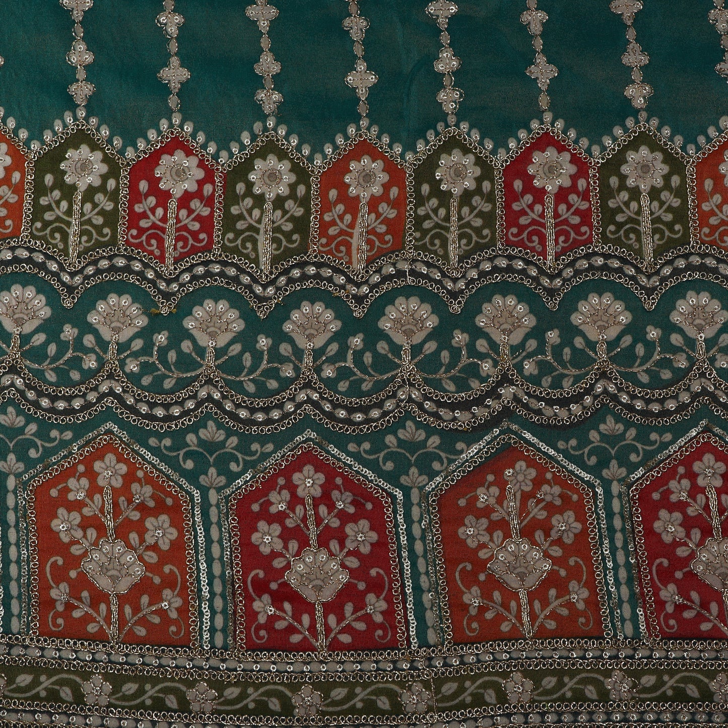 Rama Green Color Tissue Embroidery Fabric