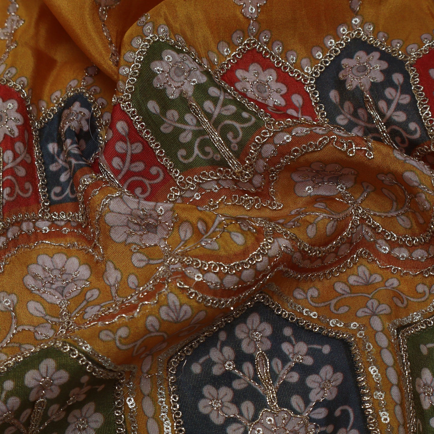 Mustard Color Tissue Embroidery Fabric