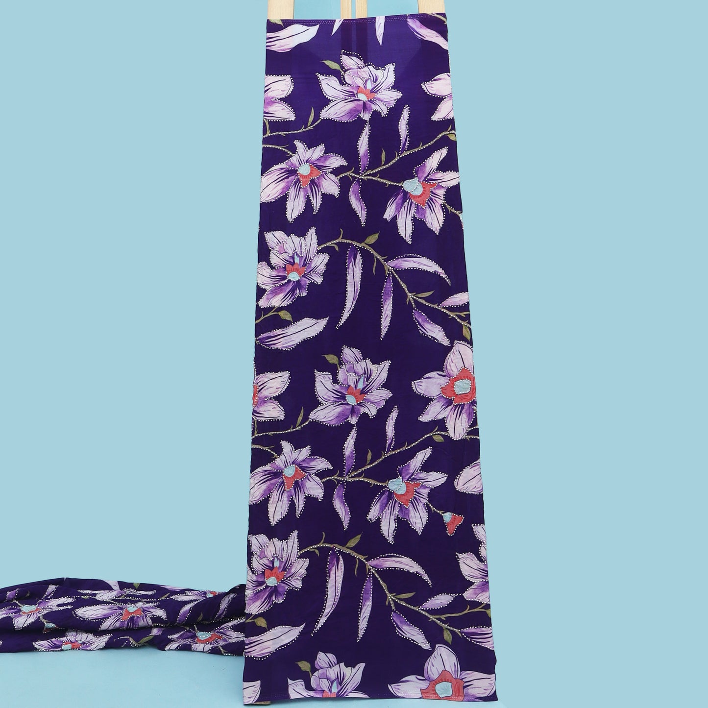 Purple Color Crepe Position Print Embroidery Fabric