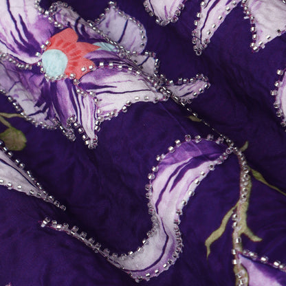 Purple Color Crepe Position Print Embroidery Fabric