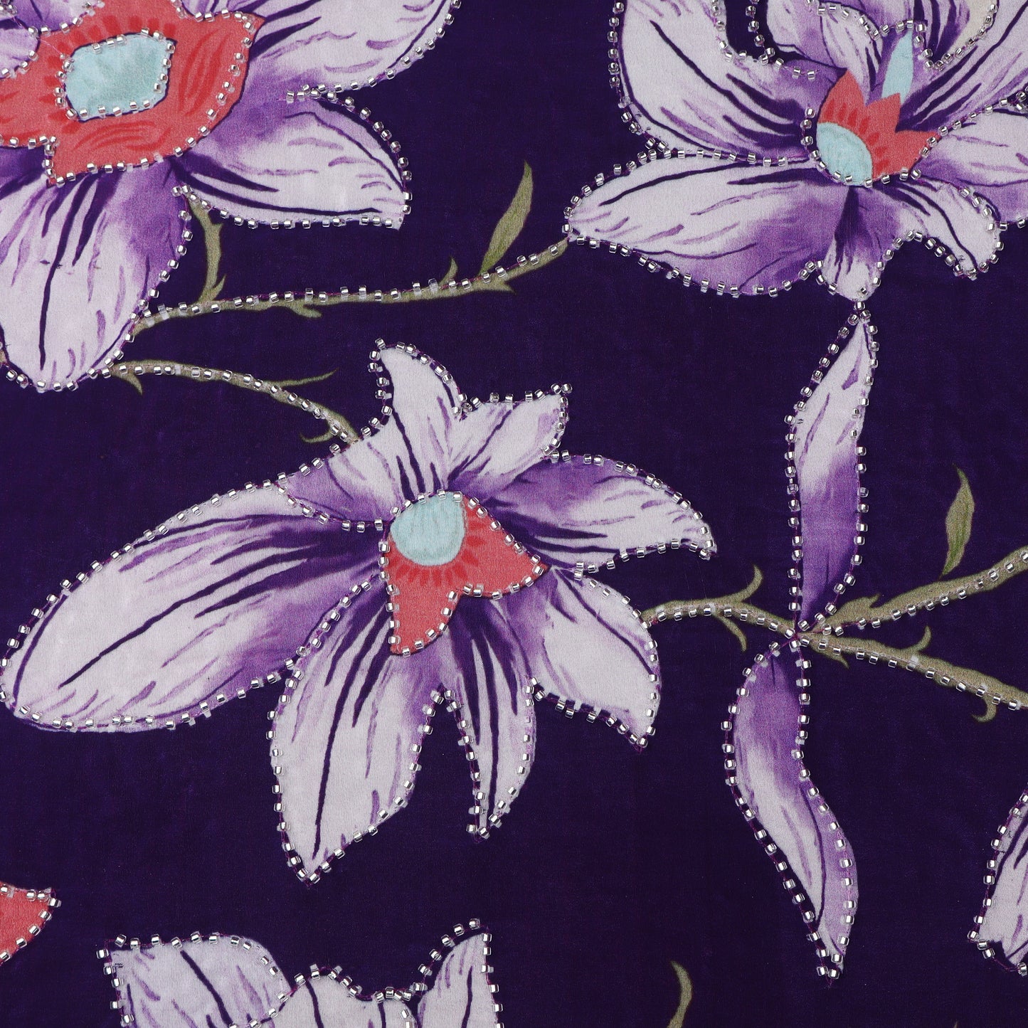 Purple Color Crepe Position Print Embroidery Fabric