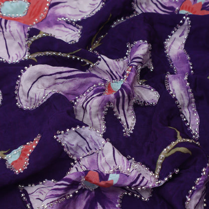 Purple Color Crepe Position Print Embroidery Fabric