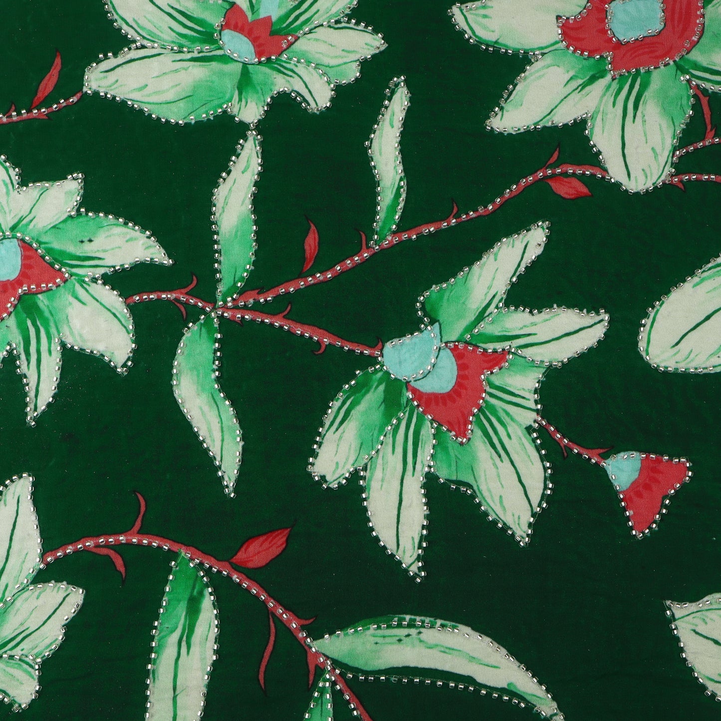 Bottle Green Color Crepe Position Print Embroidery Fabric