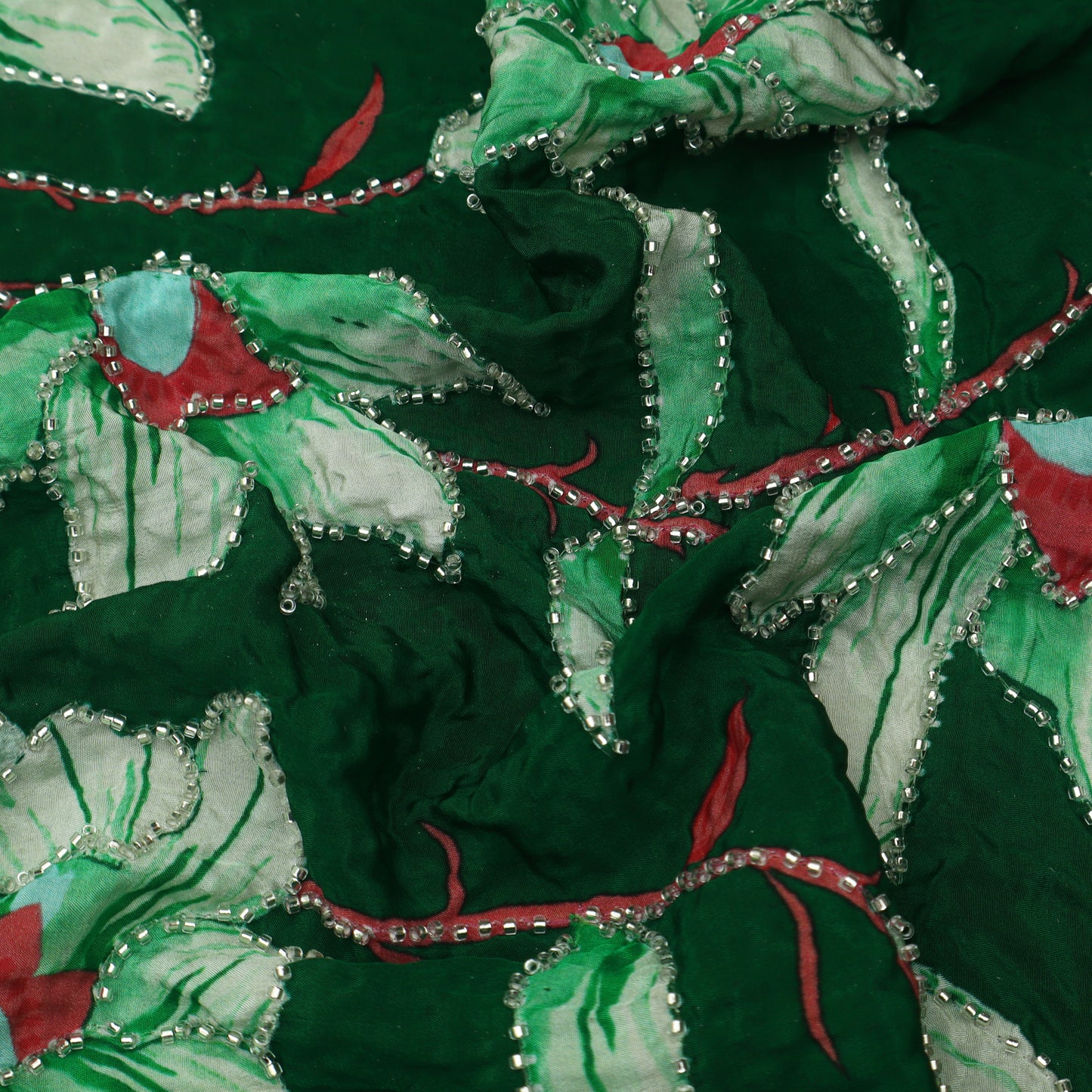 Bottle Green Color Crepe Position Print Embroidery Fabric