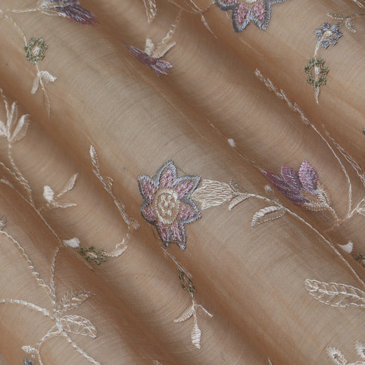 Peach Color Chanderi Embroidery Fabric