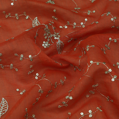 Orange Color Chanderi Embroidery Fabric