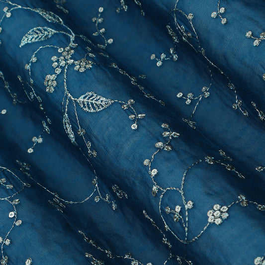 Teal Blue Color Chanderi Embroidery Fabric