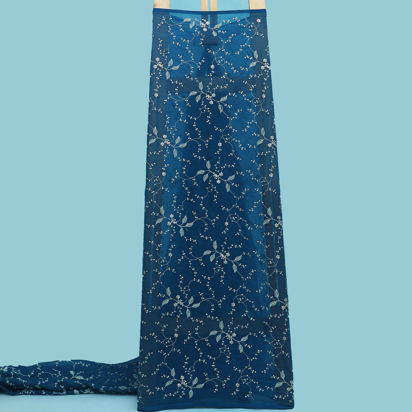 Teal Blue Color Chanderi Embroidery Fabric