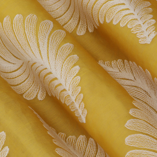 Yellow Color Kora Silk Chanderi Embroidery Fabric