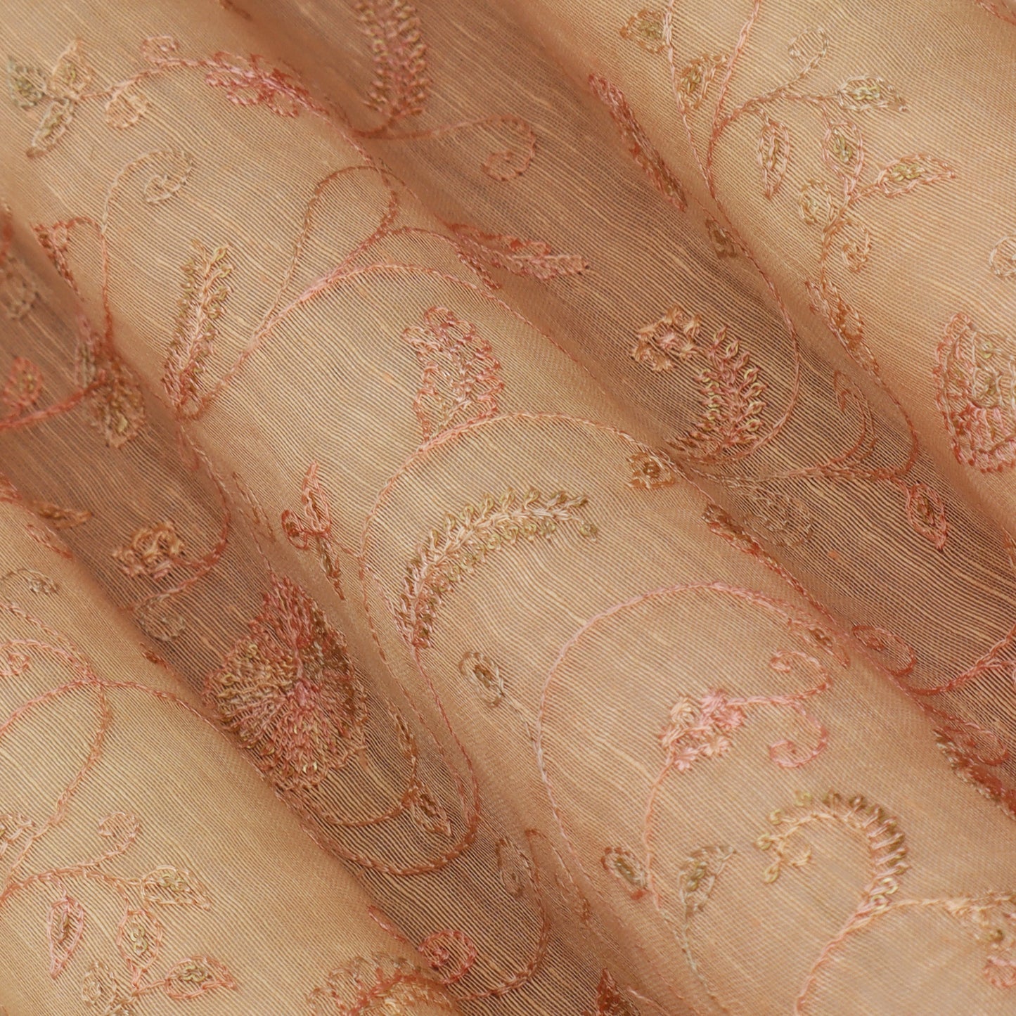 Peach Color Noil Silk Embroidery Fabric