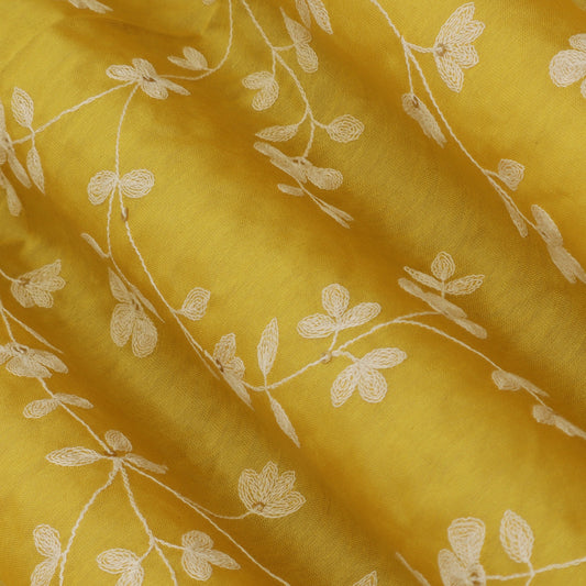 Yellow Color Chanderi Embroidery Fabric