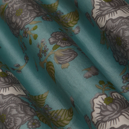 Cadet Blue Color Chanderi Print Fabric
