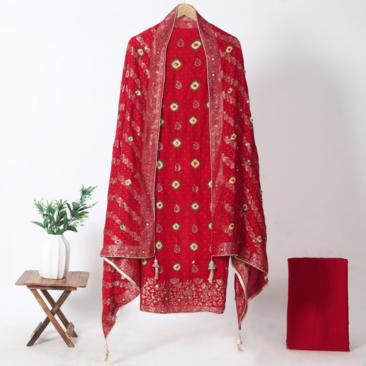 Red Unstitched Crepe Suit for Women