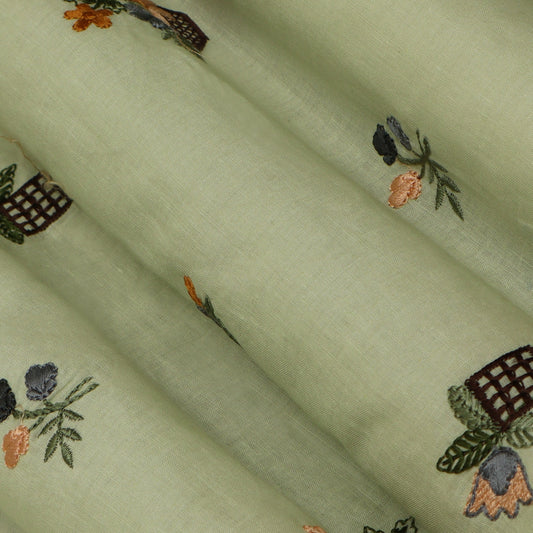 Pista Green Color Cotton Embroidery Fabric