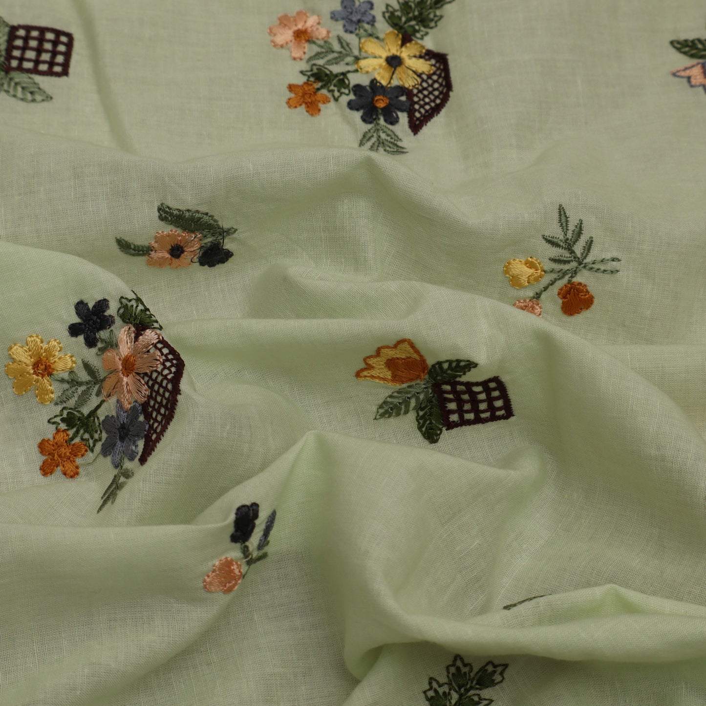 Pista Green Color Cotton Embroidery Fabric