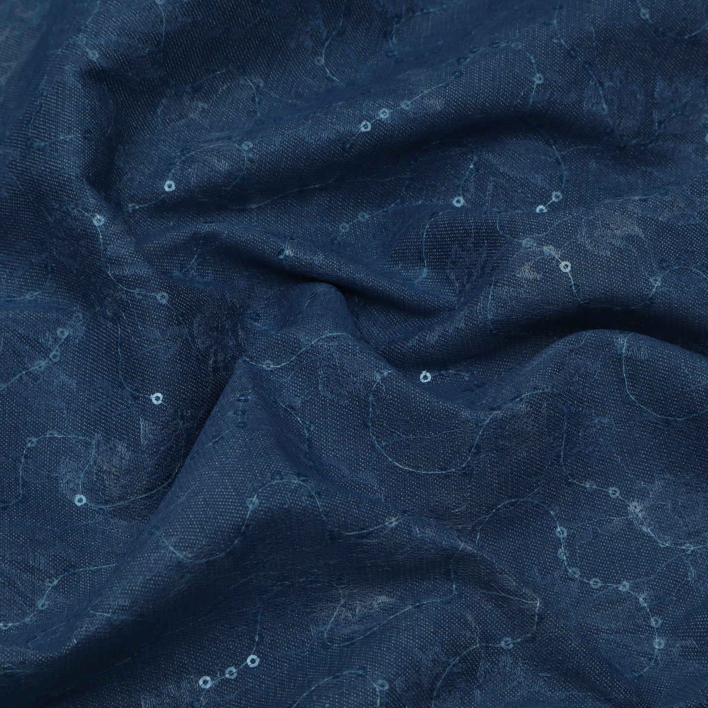 Blue Color Denim Sequins Embroidery Fabric