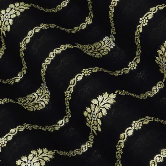 Black Color Katan Dupion Silk Brocade Fabric