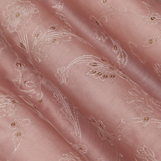 Pink Color Chanderi Embroidery Fabric