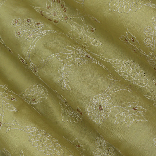 Yellow Color Chanderi Embroidery Fabric