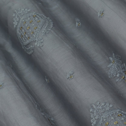 Grey Color Chanderi Embroidery Fabric