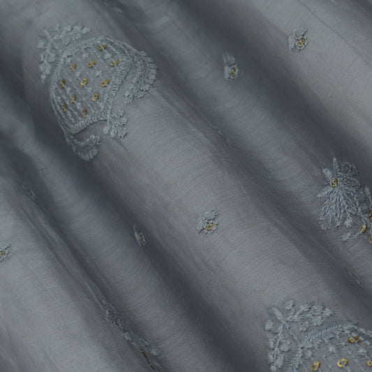 Grey Color Chanderi Embroidery Fabric