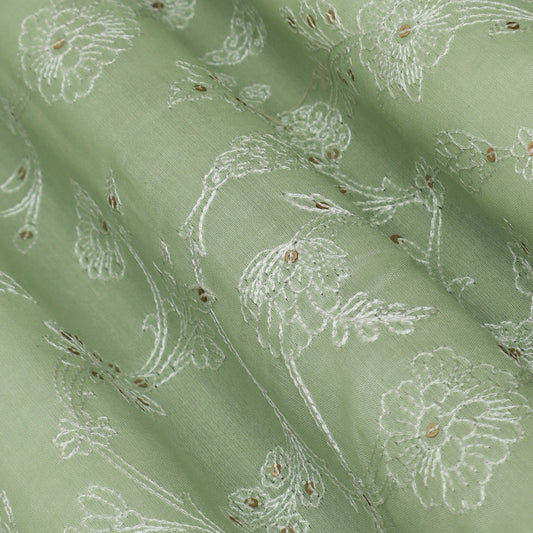 Pista Green Color Chanderi Embroidery Fabric