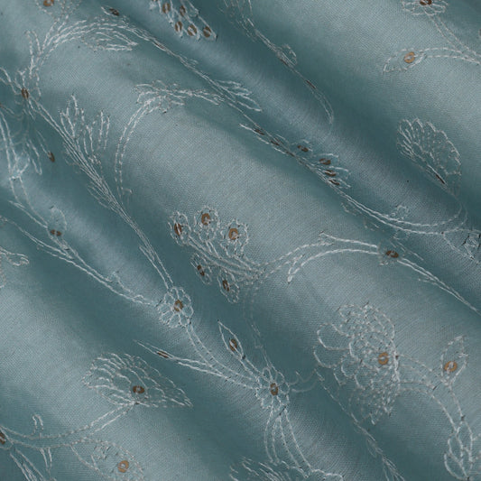 Sky Blue Color Chanderi Embroidery Fabric