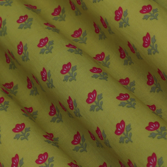 Lime Color Mulmul Print Fabric