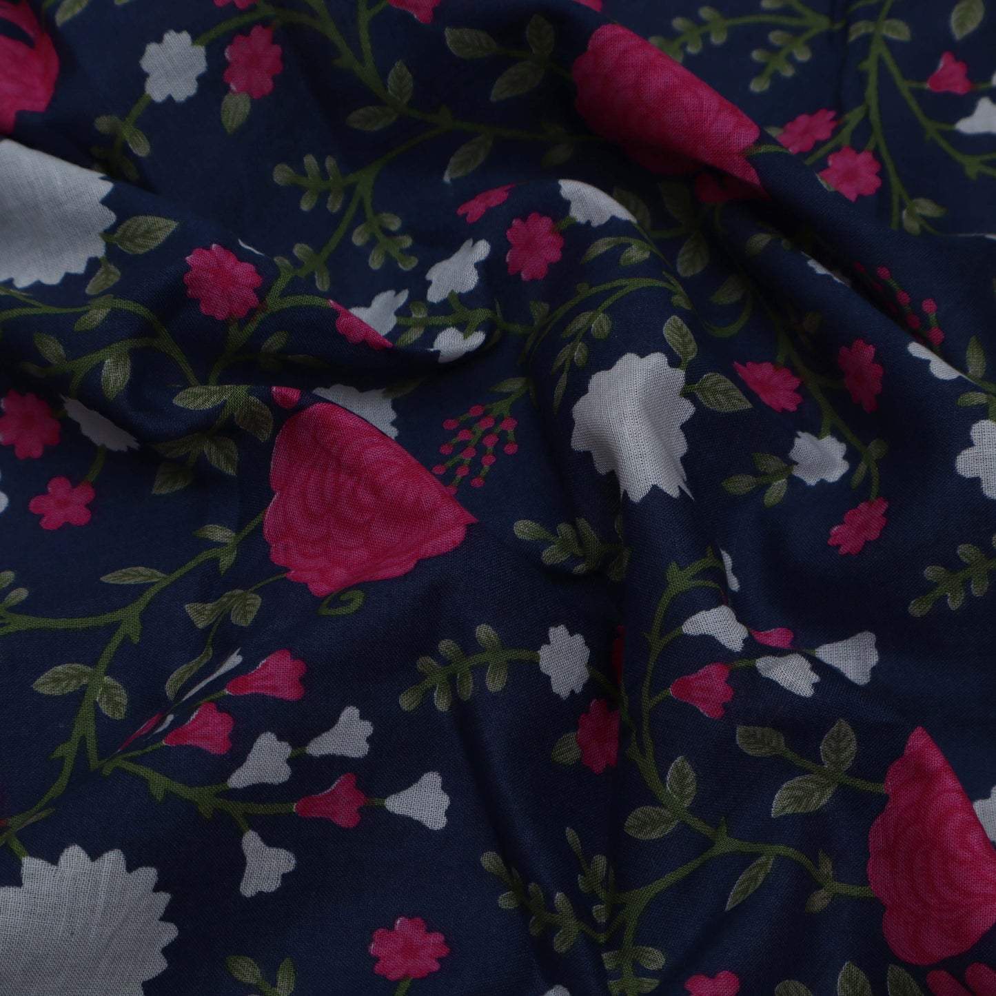 Navy Blue Color Mulmul Print Fabric