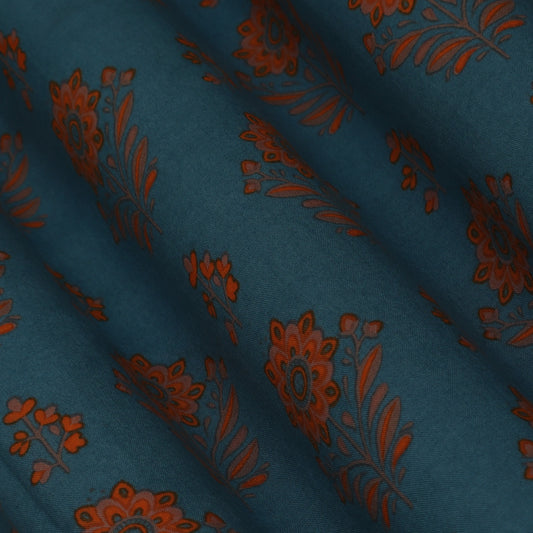 Teal Blue Color Mulmul Print Fabric